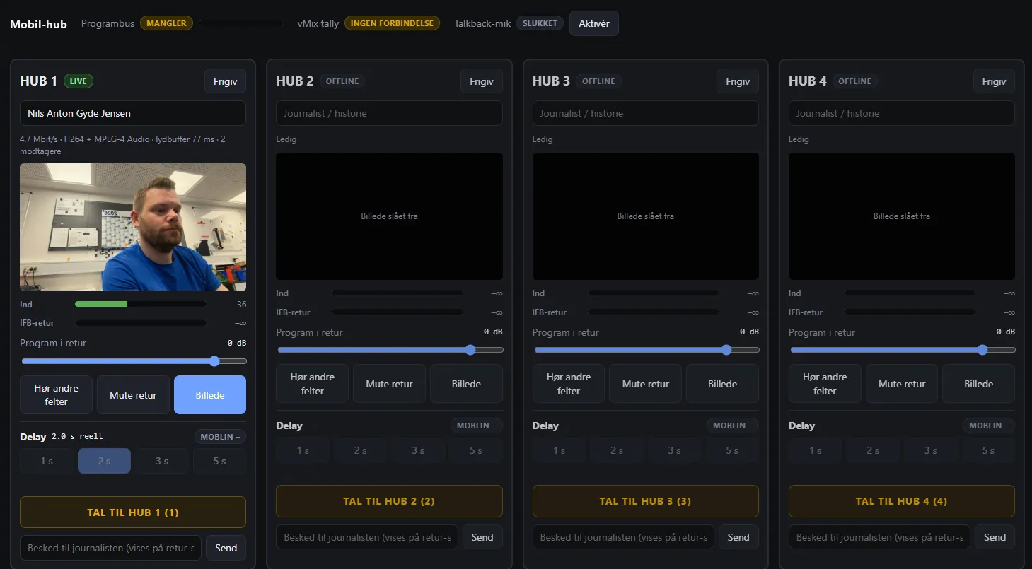 Dashboardet i mobil-hub'en med fire slots, hvor HUB 1 er live